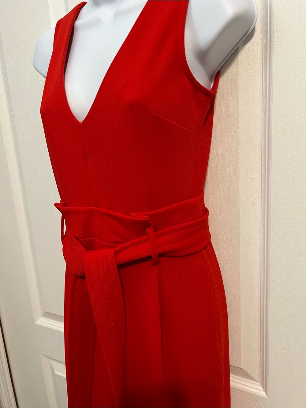 Anthropologie Vibrant Red Sleeveless V-Neck Tie-Waist Jumpsuit - Picture 3 of 8